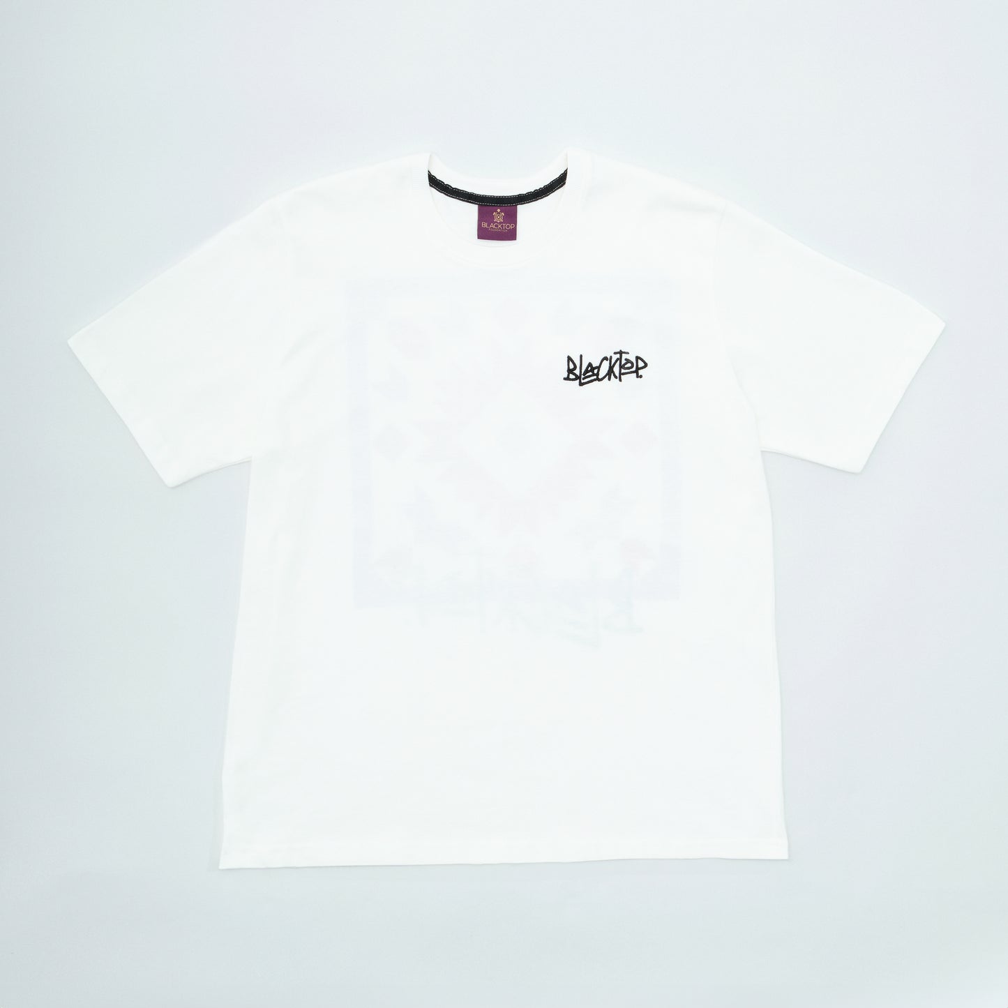 White t-shirt with a brand logo on a light gray background