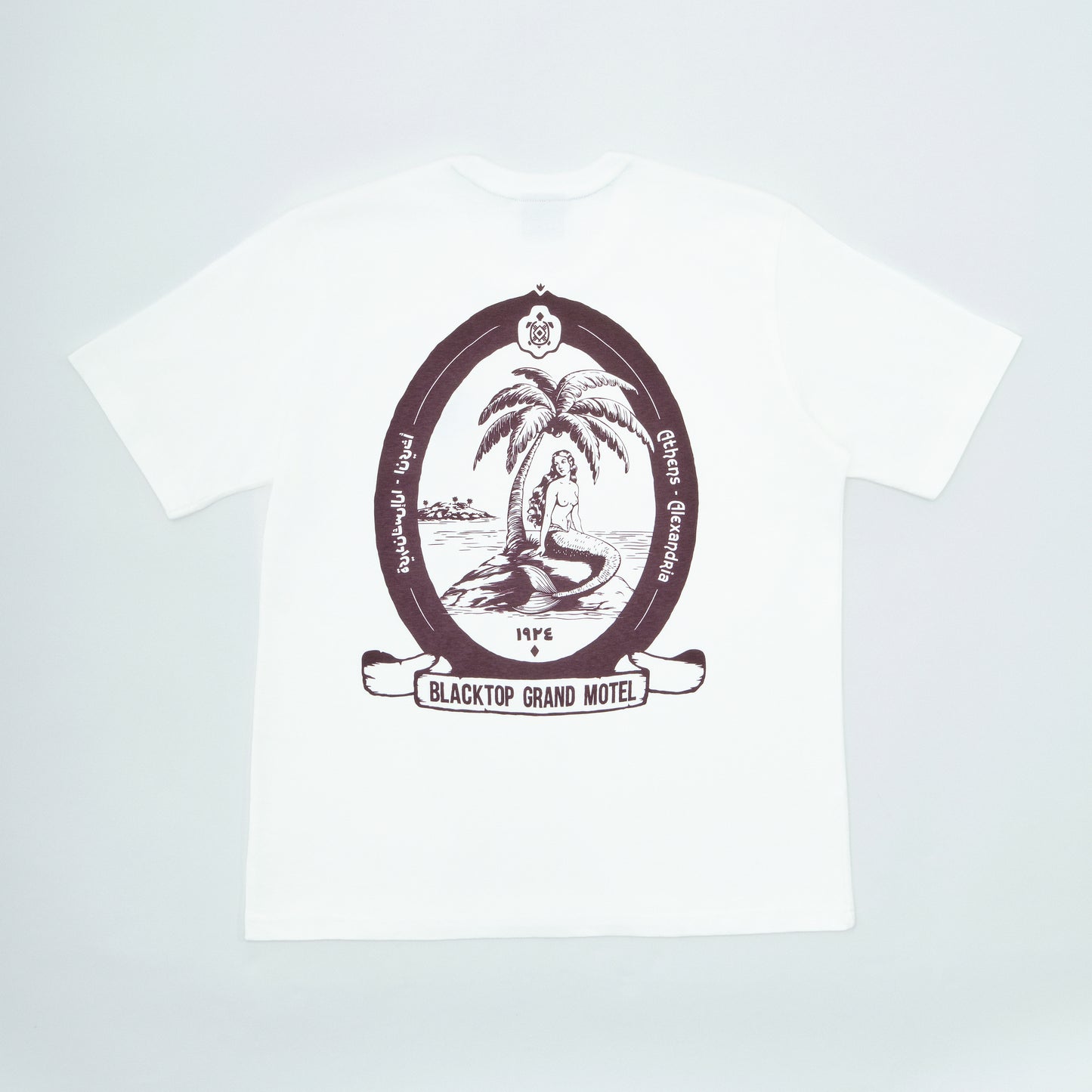 White t-shirt with a black and brown logo on a white background