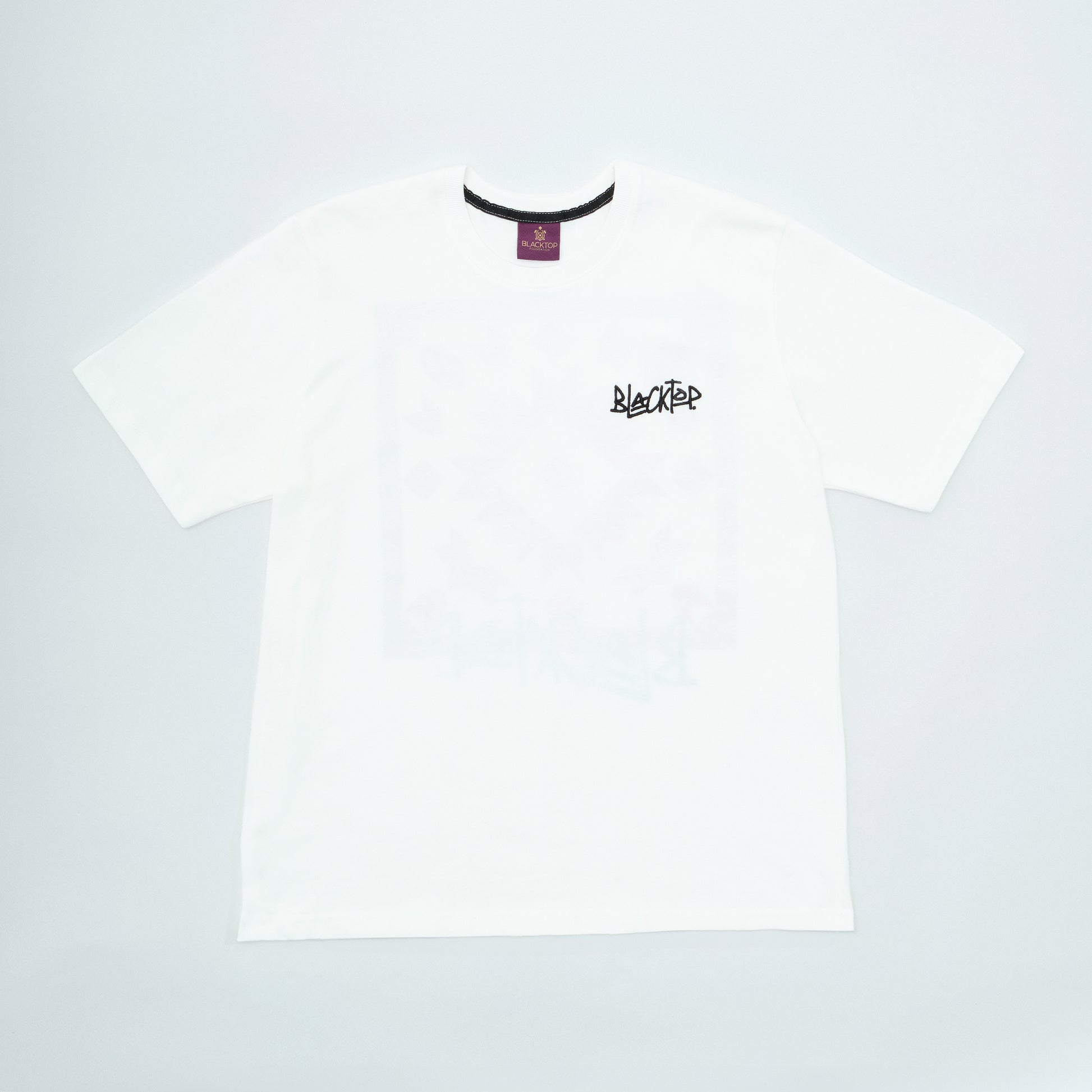 White t-shirt with a brand logo on a light gray background