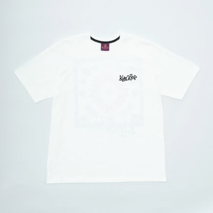 White t-shirt with a brand logo on a light gray background