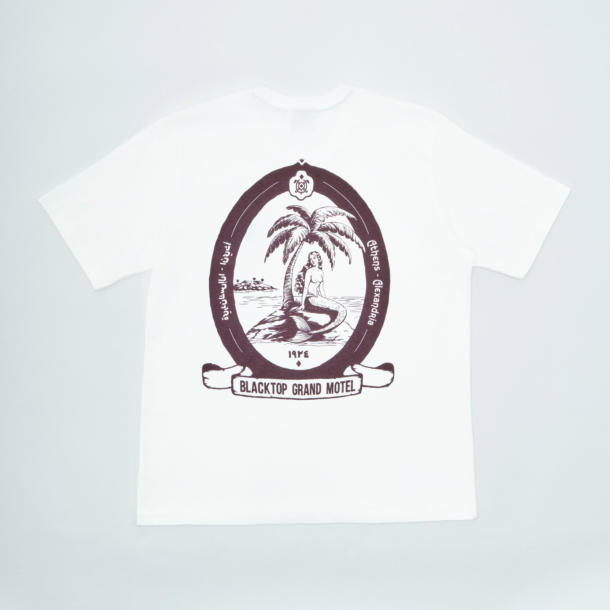 White t-shirt with a black and brown logo on a white background