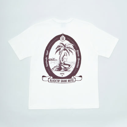 White t-shirt with a black and brown logo on a white background