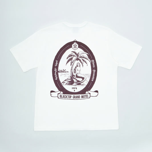 White t-shirt with a black and brown logo on a white background
